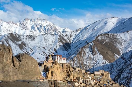 Famous Lamayuru Gompa (monastery) on a winter day. It is affiliated with the Drikung Kagyu school of Tibetan Buddhism. Lamyauru is located on the Srinagar - Leh highway in an altitude of 3.510 m.