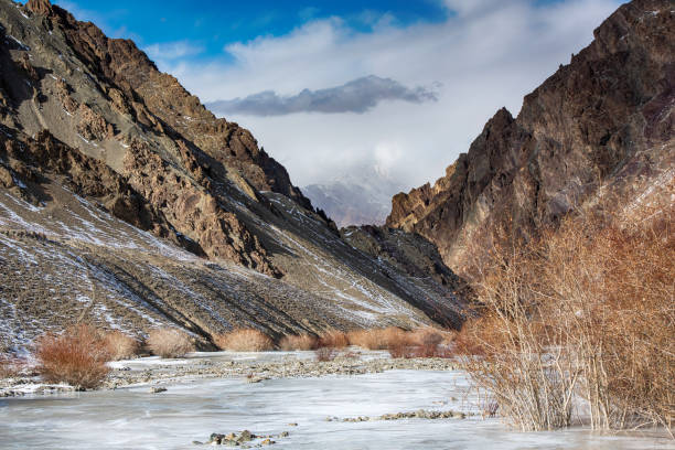 Frozen River in Hemis National Park, Ladakh, India Frozen River in Winter in Hemis National Park, Ladakh, Jammu and Kashmir, India. This nationalpark is home of Snow Leopards and is located between 3,000 and 6,000 m altitude in the state of Jammu and Kashmir, Northern India. frozen river stock pictures, royalty-free photos & images