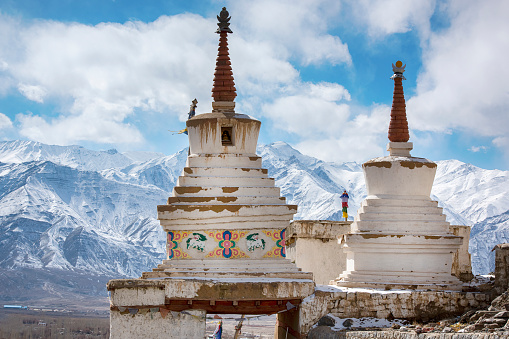 Buddhist Stupas (Chorten) on a winter day. Location: Indus Valley, Ladakh, Jammu and Kashmir, India.