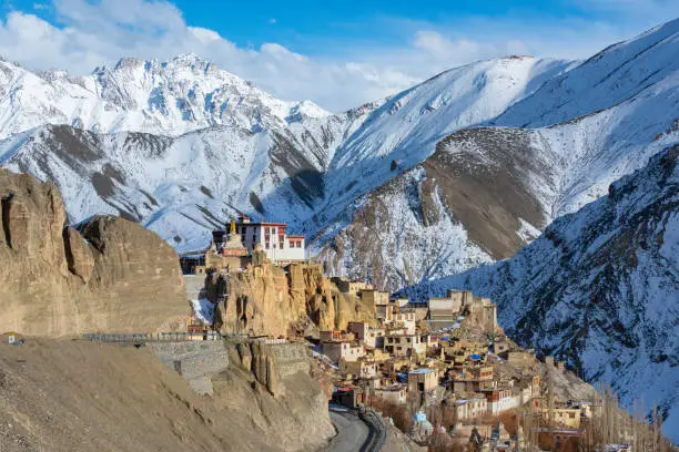 Famous Lamayuru Gompa (monastery) on a winter day. It is affiliated with the Drikung Kagyu school of Tibetan Buddhism. Lamyauru is located on the Srinagar - Leh highway in an altitude of 3.510 m.