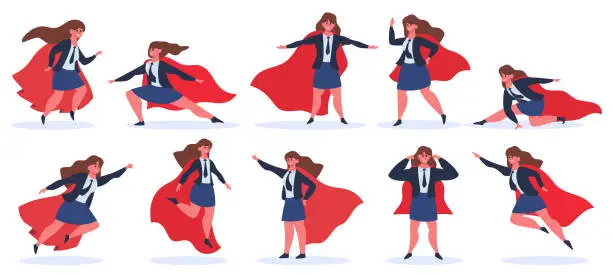 Vector illustration of Businesswoman superhero. Female superhero character in superhero action poses in red cloak. Super hero powerful lady vector illustration set