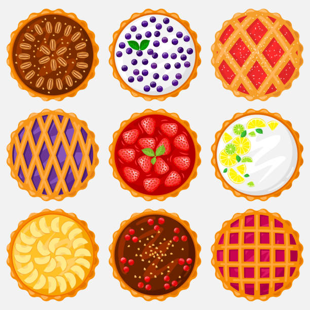 ilustraciones, imágenes clip art, dibujos animados e iconos de stock de vista superior de pies. comida para hornear, deliciosa manzana, arándano, nueces y sabroso pastel de cereza. vista de pastelería dulce desde arriba conjunto de ilustración vectorial - tart cake pie isolated