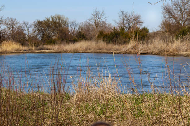 vista del paisaje del río nebraska platte que fluye la tierra - poco profundo fotografías e imágenes de stock