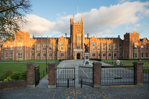 Belfast, Ireland - 28 October 2019: The Queen's University, Belfast, Northern Ireland established 1845. The Gothic facade of the Lanyon building.