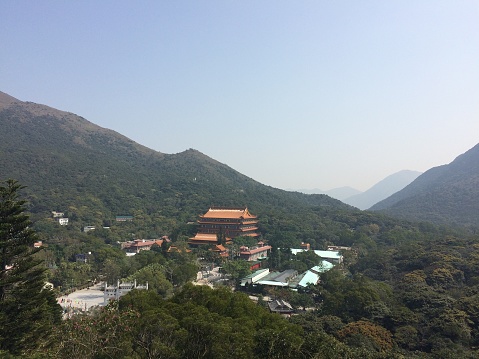 Temple surrounded by mountains in Hong Kong