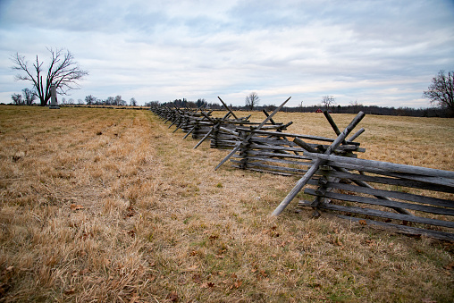 A view of the American Civil War battlefield with barricades in Gettysburg, Pennsylvania