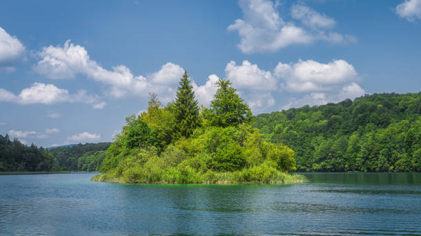istock Island on clean lake surrounded by hills and green lush forest, Plitvice Lakes 1297504607