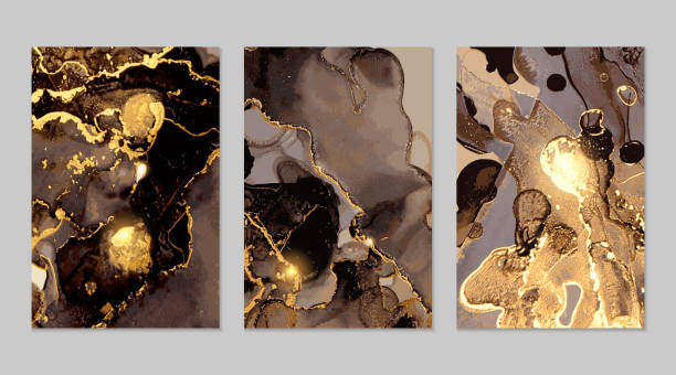 istock Set of gold and black flyers with geode. Marble abstract pattern. Alcohol ink technique 1297507730