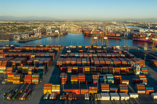 Aerial view of cargo containers in Long Beach port California Aerial view of cargo containers in Long Beach port California USA long beach california photos stock pictures, royalty-free photos & images