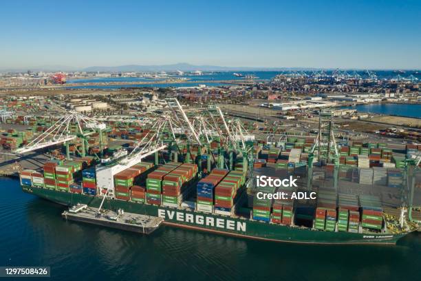 Huge Intermodal Cargo Ship At Long Beach Port In California Usa Stock Photo - Download Image Now