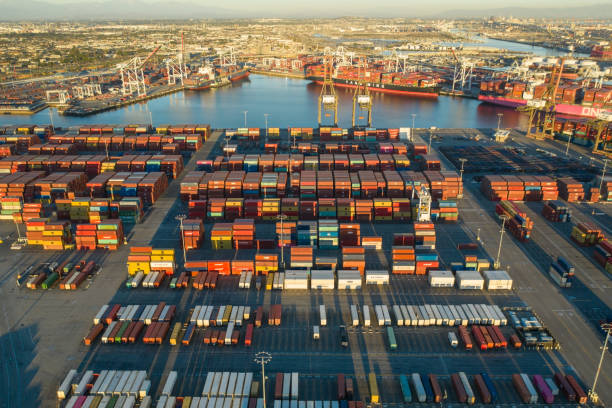 Aerial, drone shot of cargo containers in Long Beach port California USA Aerial, drone shot of cargo containers in Long Beach port California USA western usa stock pictures, royalty-free photos & images