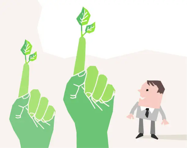 Vector illustration of Cartoon Businessman facing Two big Green Pointing Hands