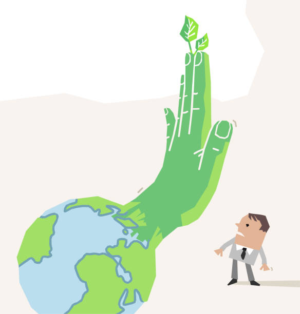 istock Cartoon businessman and planet Earth, making a Stop sign with big green Hand 1297511172