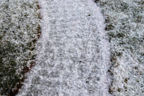 istock Surface of white snow on an old cobblestone way in winter. 1297511364