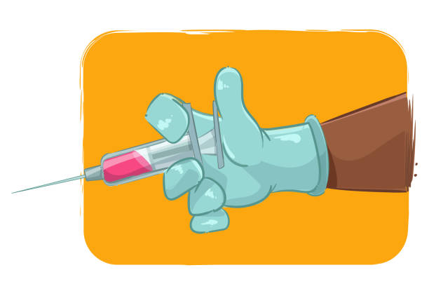 Vaccinating Cartoon style illustration of a gloved hand holding a syringe. vacina stock illustrations