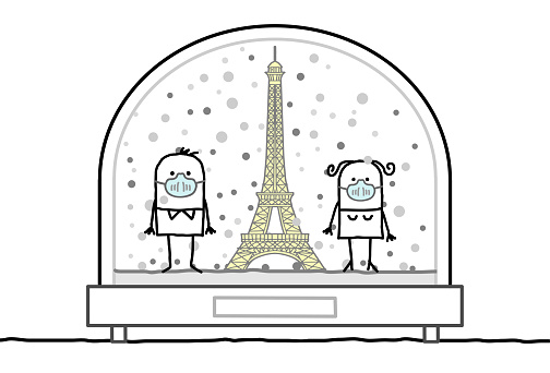 Cartoon Man and Woman with protection Masks, Contained in a Snow-Dome, with the Eiffel Tower