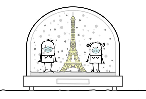 Cartoon Man and Woman with protection Masks, Contained in a Snow-Dome, with the Eiffel Tower Hand drawn Cartoon Man and Woman with protection Masks, Contained in a Snow-Dome, with the Eiffel Tower eiffel tower winter stock illustrations