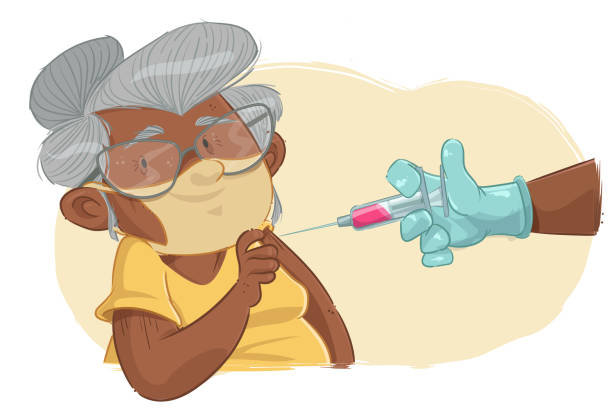 Vaccinating Cartoon style illustration of an elderly woman lifting her shirt sleeve, beside her we see a gloved hand and a syringe giving her a vaccine. vacina stock illustrations