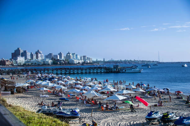 Playa Mansa beach in Punta del Este, Uruguay People enjoying the beach on a beautiful sunny day in Playa Mansa, Punta del Este, Uruguay playas del este stock pictures, royalty-free photos & images