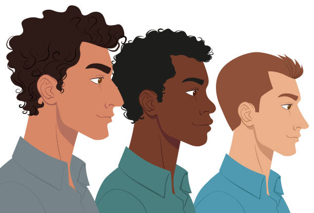 Group of multi ethnic men Side view of a Latin, African American and Caucasian man gay long hair stock illustrations