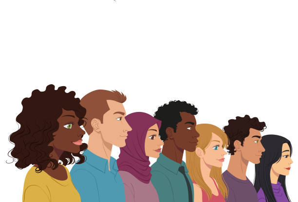 Multi ethnic group Side view of faces of people of various ethnicities black hair illustrations stock illustrations
