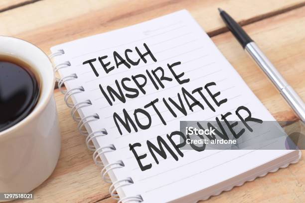 Teach Inspire Motivate Empower Text Words Typography Written On Paper Against Wooden Background Life And Business Motivational Inspirational Stock Photo - Download Image Now