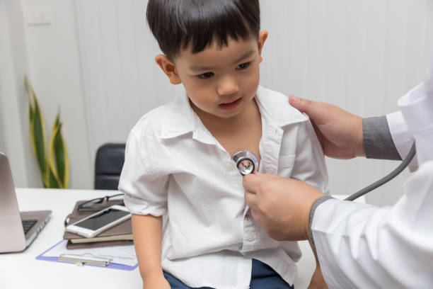 istock Pediatrician doctor examining a little asian boy by stethoscope 1297518921