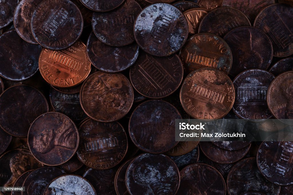 Old dirty 1 cent coins US Penny Stock Photo