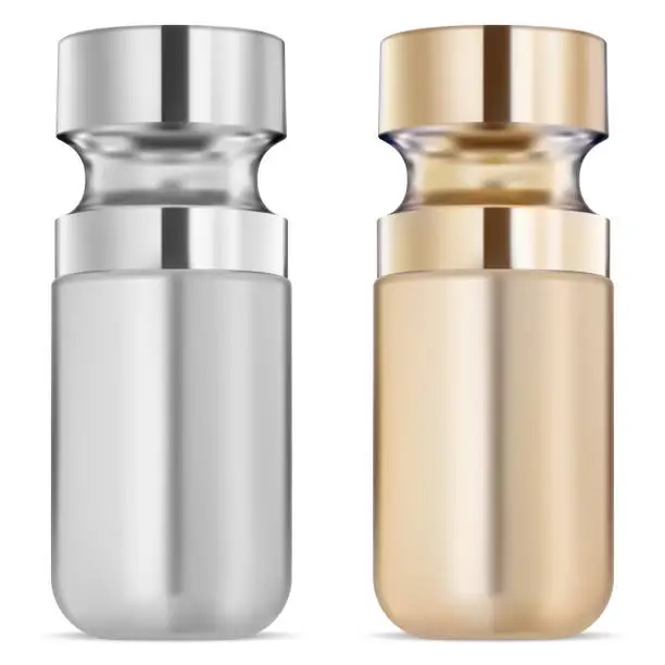 Vector illustration of Serum bottle, gold cosmetic oil, faca care liquid