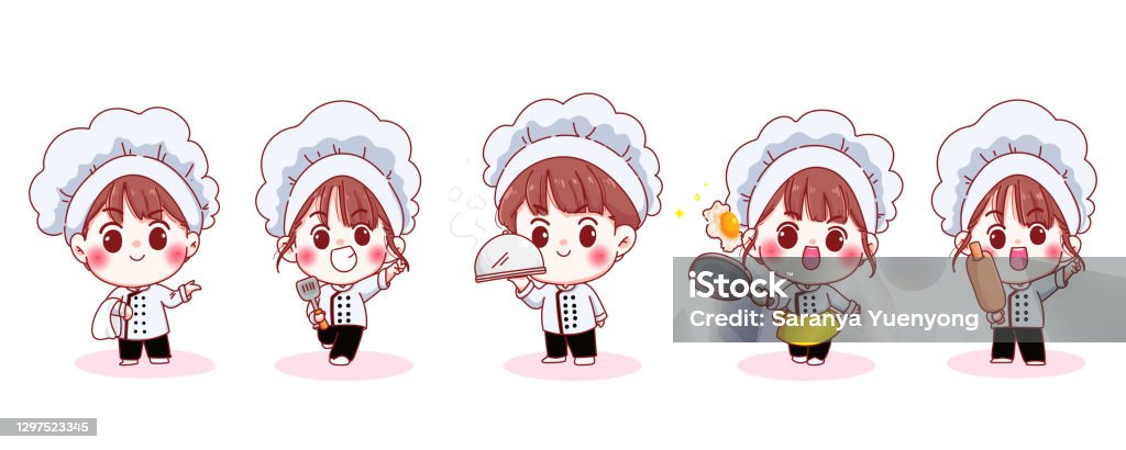 Set Of Smiling Cute Chef In Different Postures Cartoon Illustration Premium  Vector Stock Illustration - Download Image Now - iStock