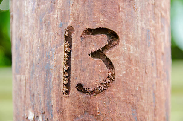 The number thirteen gouged into a wooden telegraph pole using a router.