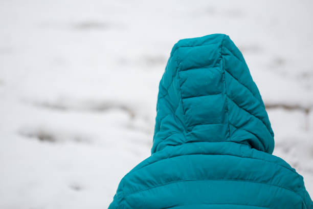 Child in teal jacket facing away from the camera looking at snow