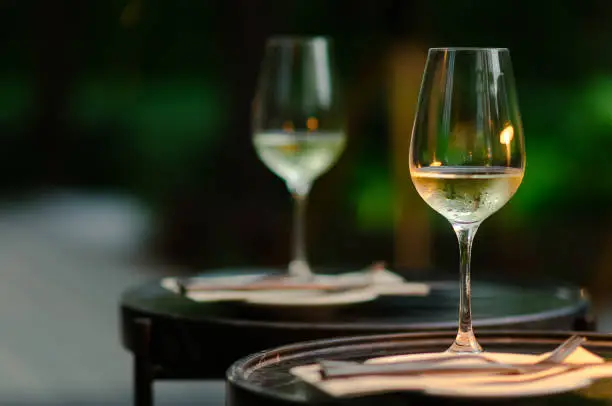 Two glasses of white wine on table with green background from garden.