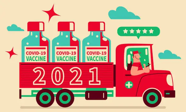 Vector illustration of Smiling driver driving a truck delivering COVID-19 vaccine (distribution), giving a thumbs-up, COVID-19 vaccine shipment concept, coronavirus vaccine doses arrive