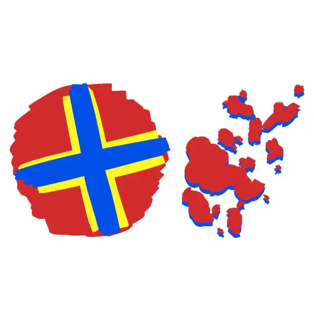 Vector illustration of Map of Aland Islands. Scandinavian flag with a cross. Yellow blue red national symbol. Travel to Northern Europe.