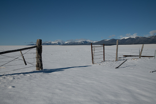 Old barbed wire fence with snow capped mountain background