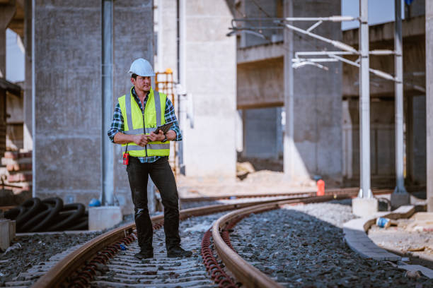 engineer railway under inspection and checking construction process train and railroad station .engineer wearing safety uniform and helmet by holding document in work. - switch yard imagens e fotografias de stock