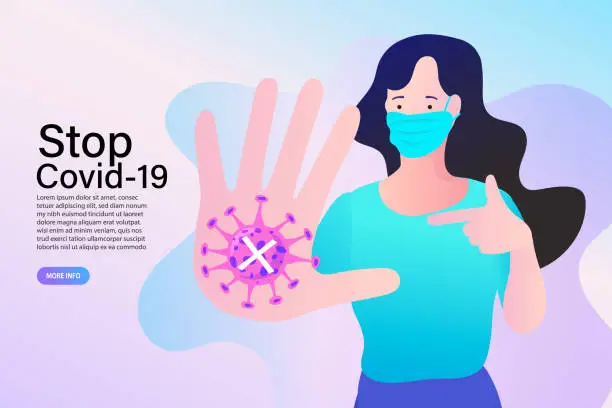 Vector illustration of Virus mask woman wearing face protection in prevention for coronavirus showing gesture Stop Infection. Stop COVID-19 coronavirus outbreak vector illustration.