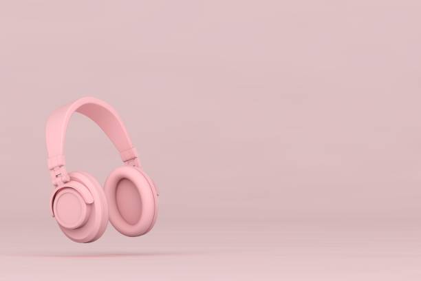 핑크 헤드폰과 빈 제품 스탠드 에 핑크 배경 - construction platform audio 뉴스 사진 이미지