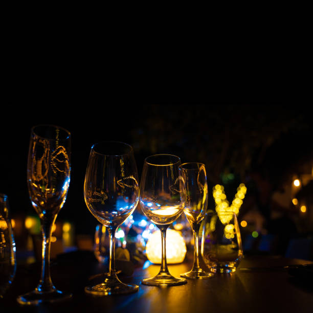 Empty wine glasses on an night party event