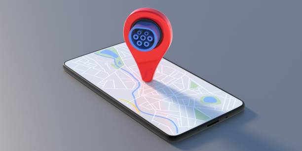 Electric car plug and a pinpointer on a smartphone, gray background. Charging station locations concept. 3d illustration