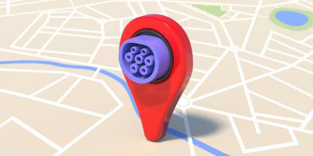 istock Electric car plug in a pinpointer, city map background. Charging station locations concept. 3d illustration 1297539489
