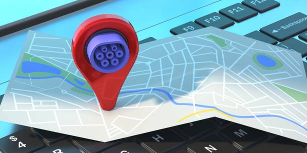 istock Electric car plug and a pinpointer on a city map, computer background. Charging station locations concept. 3d illustration 1297539491