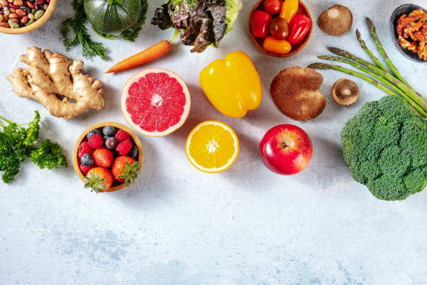istock Vegan food banner design with copy space, overhead flat lay shot 1297540374