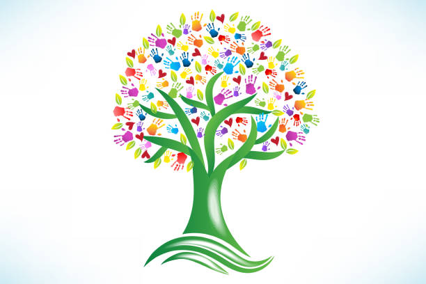 Tree hands love heart people vector Tree hands prints love hearts children people colorful icon vector web image template background diversity hands forming heart stock illustrations