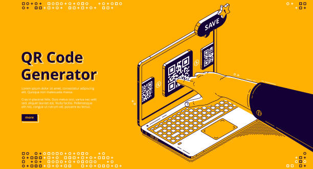 Qr code generator isometric landing page, banner Qr code generator isometric landing page, hand push on screen using service for creation machine readable optical mark for getting information or cashless online payment, 3d vector line art web banner qr barcode generator stock illustrations