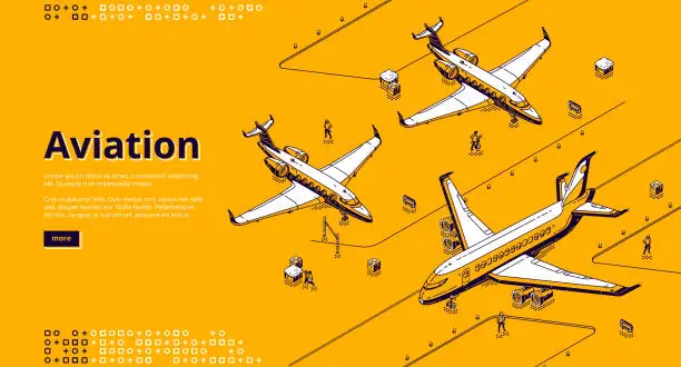 Vector illustration of Aviation isometric landing page. Airplanes runway