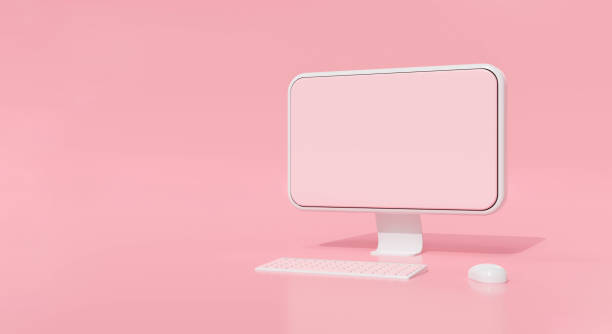 istock 3d render of computer display on cute pastel background abstract with copy space. Modern desktop PC on pink color with keyboard mouse. Creative ideas minimal design. Communication concept. 1297545995