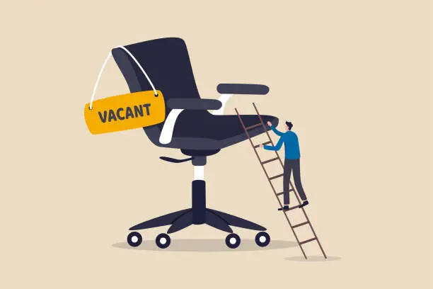 Vector illustration of Candidate searching for job, career path or job promotion to be management, ladder of work success concept, ambitious businessman worker climbing the ladder to management office chair with vacant sign