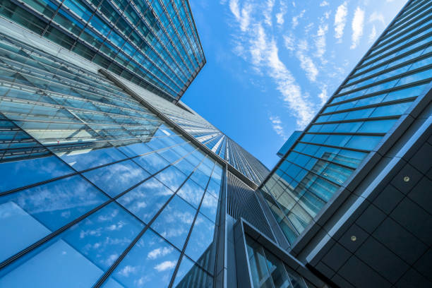 istock Low angle view of modern metallic skyscrapers 1297551387
